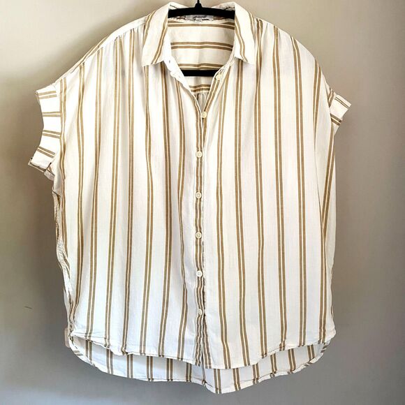 Madewell Oversized Cotton / Linen Short Sleeve Button Down in Bronze Stripe - Picture 2 of 7